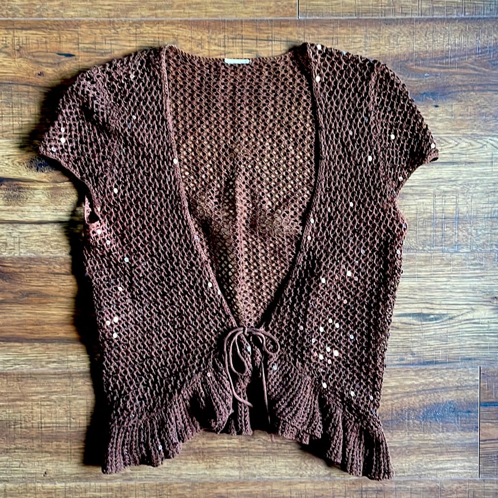 Brown sequin short sleeve cardigan size L